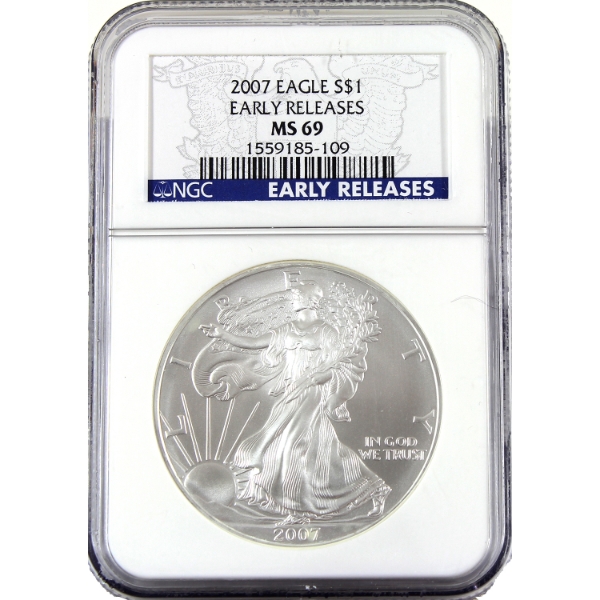 USA Silver 2007 $1 Silver Eagle Early Releases Fine Silver Coin NGC MS69 (Tax Exempt)