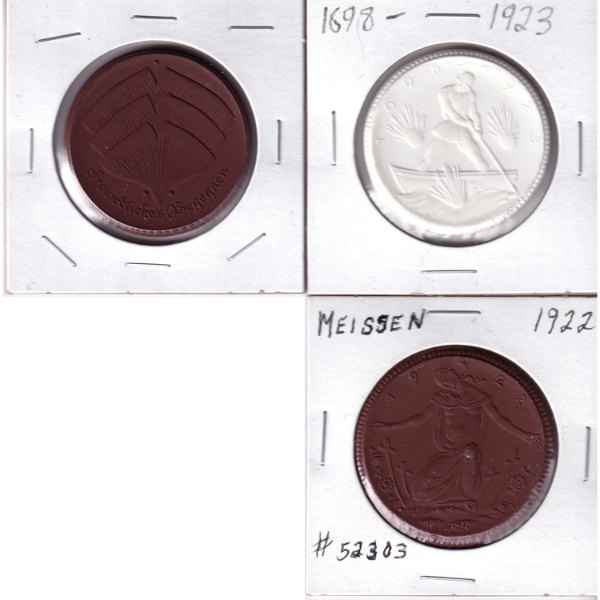 Group Lot of Germany 1922 & 1923 Meissen Porcelain Medals. 3pcs.