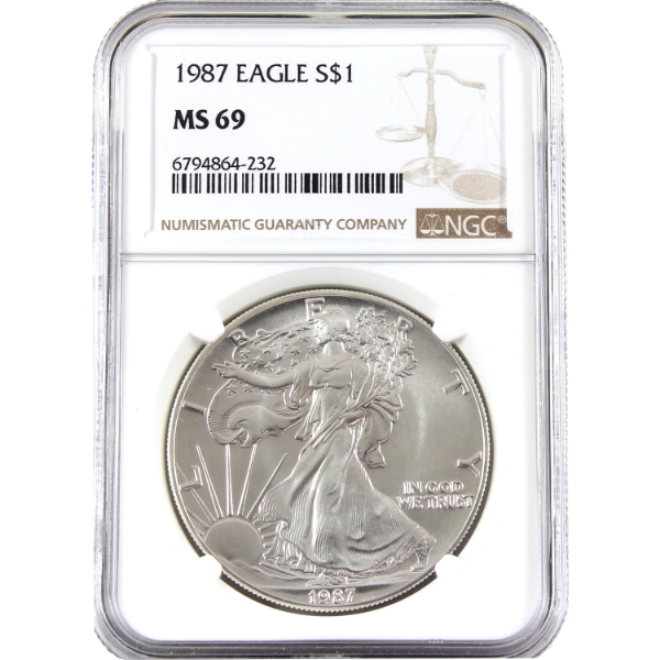 USA Silver 1987 $1 Silver Eagle Fine Silver Coin NGC MS69 (Tax Exempt)