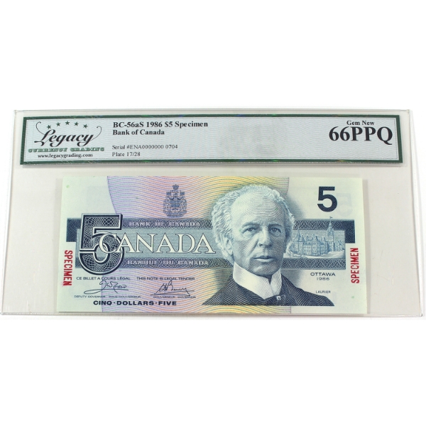 BC-56aS 1986 $5 SPECIMEN Legacy GEM UNC66 PPQ Crow-Bouey SN: ENA0000000 0704