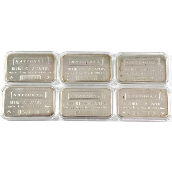 6x National Refiners Vintage .999+ Silver Bars *Consecutive!* 6pcs. (Tax Exempt)
