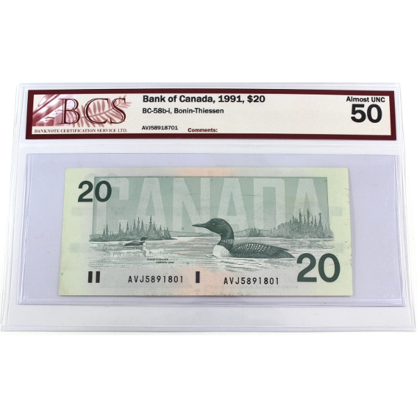 BC-58b-i 1991 $20 BCS AU50 Bonin-Thiessen SN:AVJ58918701