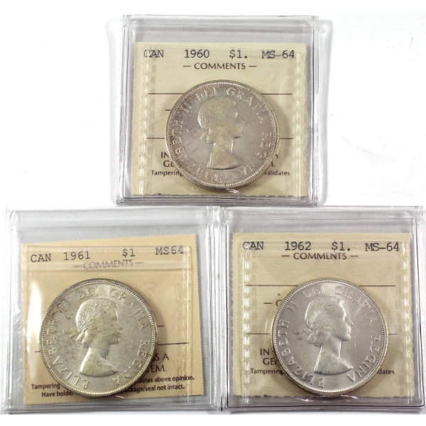Silver $1 1960, 1961, 1962 ICCS MS64. 3pcs.