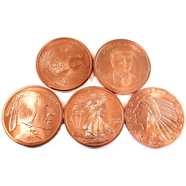 5x 5oz Assorted .999 Fine Copper Rounds. 5pcs.