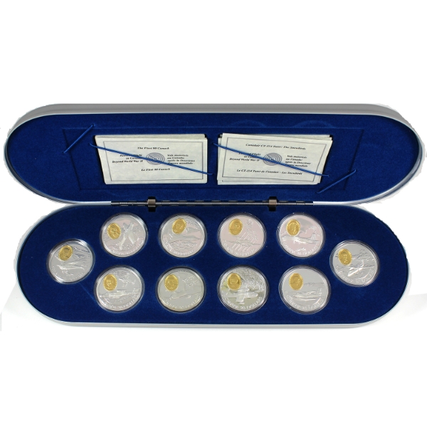 1995-1999 $20 Aviation Series #2: Powered Flight - Beyond WWII 10-Coin Sterling Silver Set