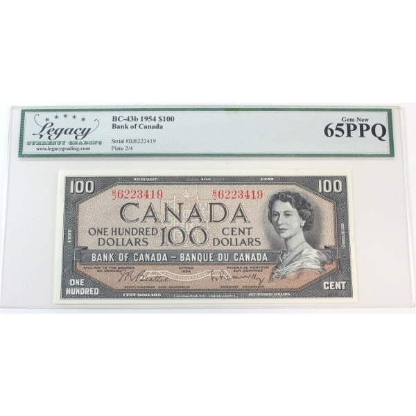 BC-43b 1954 $100 Legacy GEM UNC65 PPQ Beattie-Rasminsky SN: B/J6223419