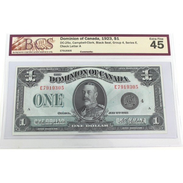 DC-25o 1923 $1 BCS EF45 Campbell-Clark Black Seal, Group 4, Series E SN: E7919305 Check Letter A