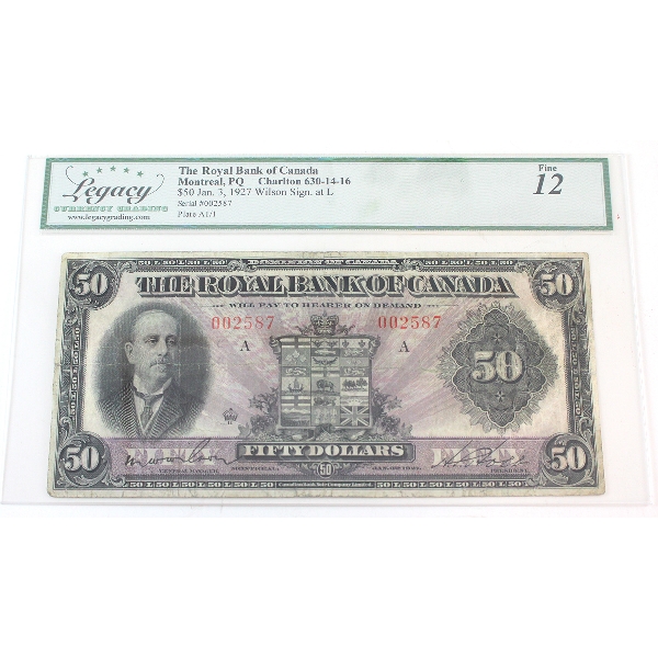 630-14-16 1927 $50 Royal Bank Legacy F12 Wilson-Holt SN: 002587