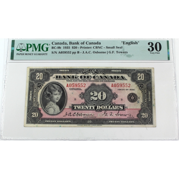 BC-9b 1935 $20 English Small Seal PMG VF30 Osborne-Towers SN: A059552 ppB