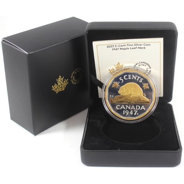 2023 5-cent 1947 Maple Leaf Mark 2oz .9999 Fine Silver w/ Selective Gold Plating (Tax Exempt)