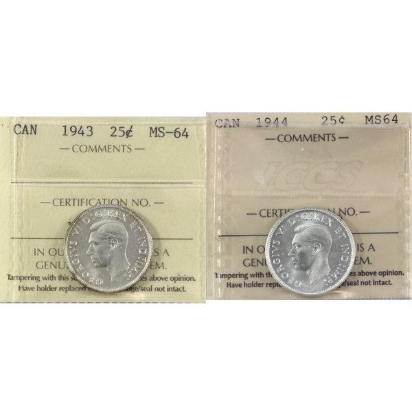 25-cent 1943 & 1944 ICCS MS64. 2pcs