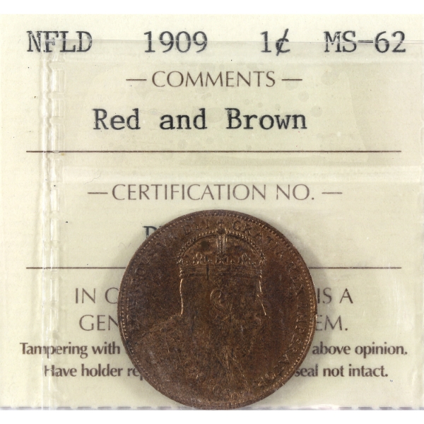 Newfoundland 1-cent 1909 ICCS MS62 Red & Brown