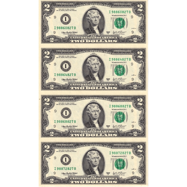 USA 2003 $2 Uncut Sheet of 4 Banknotes in Deluxe World Preserve Monetary Exchange Folder