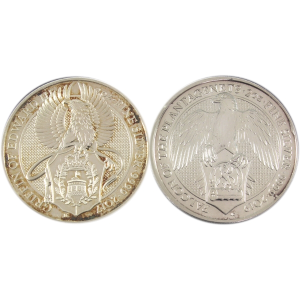 2x 2oz Great Britain 2017 & 2019 2 Pounds The Queen's Beasts .9999 Fine Silver Rounds. 2pcs.