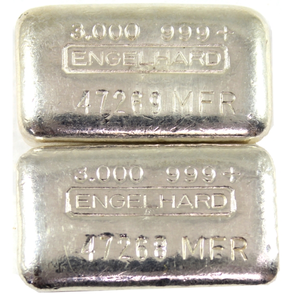 2x 3oz Engelhard c.1970s *Consecutive* 5th Series "MFR" Designation .999+ Silver Bars. 2pcs.