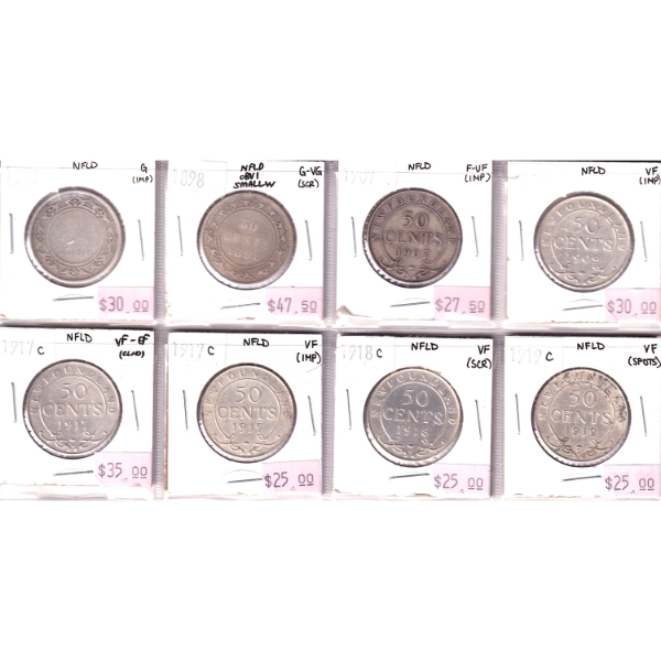 Lot of 8x Newfoundland 50-cent 1888-1919 Good to VF-EF. 8pcs