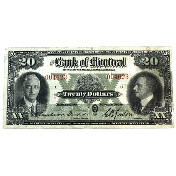 505-60-06 1935 $20 Bank of Montreal, VG SN: 004623 Check Letter C