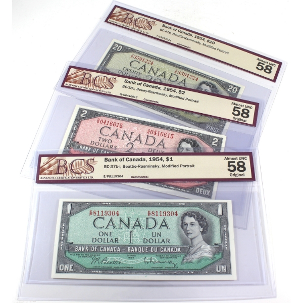 BC-37b-i, BC-38c & BC-41b 1954 $1-$20 Modified Portrait BCS AU58 Original. 3pcs