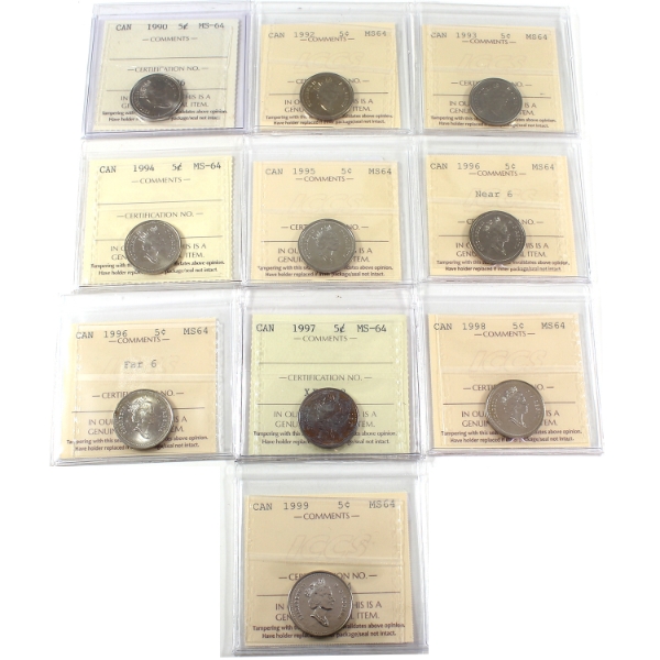 5-cent 1990-1999 ICCS MS64. 10pcs.