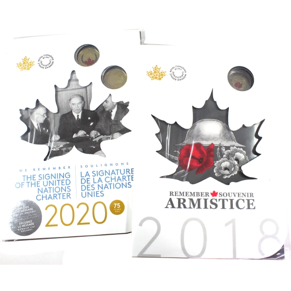 2018 Armistice Collector Set & 2020 75th Ann. of the Signing of the UN Charter Keepsake Set. 2Sets