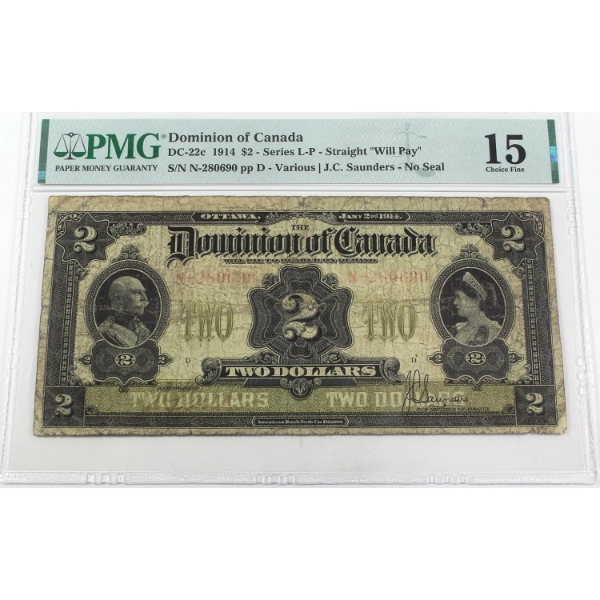 DC-22c 1914 $2 Series L-P, Straight "Will Pay", No Seal PMG Choice F15 Various-Saunders SN: N-280690