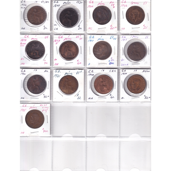 Bulk Collection of Great Britain Pennies 1874H-1940 VF to MS64 in 20-Pocket Sheet. 13pcs.