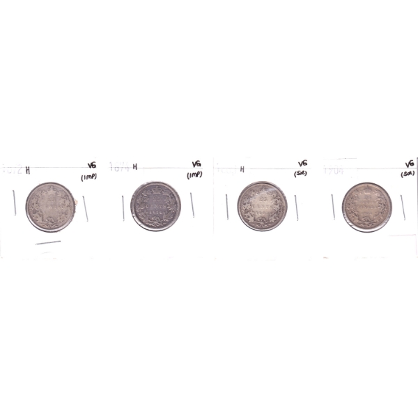 25-cent 1872H, 1874H, 1883H & 1904 in 4-Pocket Sheet VG. 4pcs