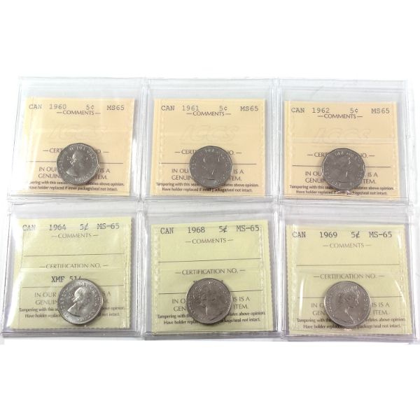 6x 5-cent 1960, 1961, 1962, 1964, 1968, & 1969 ICCS MS65. 6pcs.