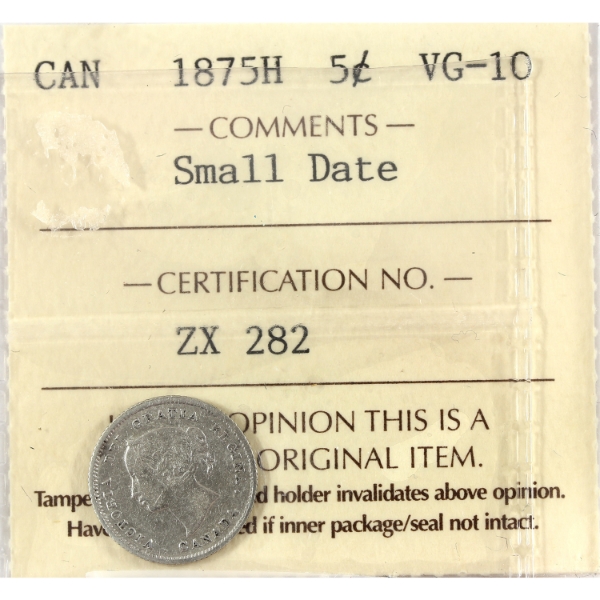 5-cent 1875H Small Date ICCS VG10
