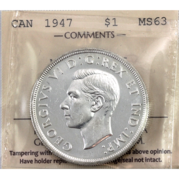 Silver $1 1947 Maple Leaf ICCS MS63