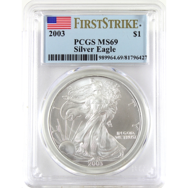 USA Silver 2003 $1 Silver Eagle First Strike Fine Silver Coin PCGS MS69 (Tax Exempt)
