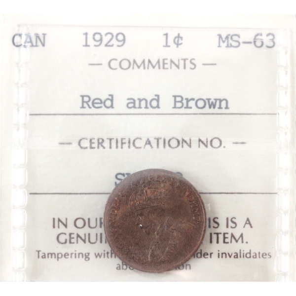 1-cent 1929 ICCS MS63 RD & BN 