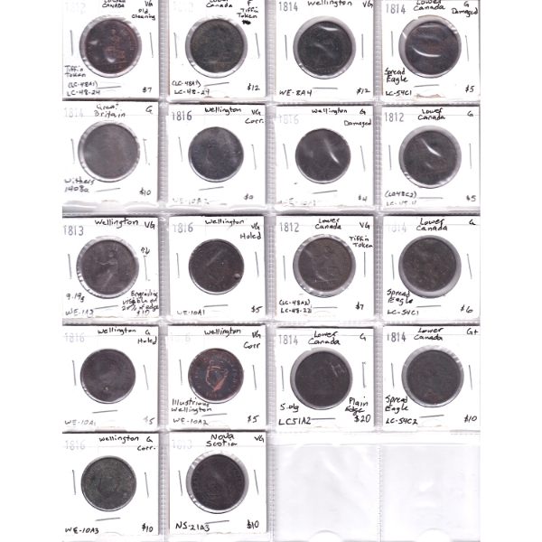 Bulk Lot of 1812-1816 Token Varieties G to F in 20-Pocket Sheet. 18pcs.