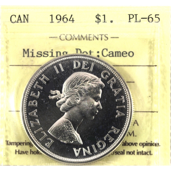 Silver $1 1964 No Dot ICCS PL65 Cameo