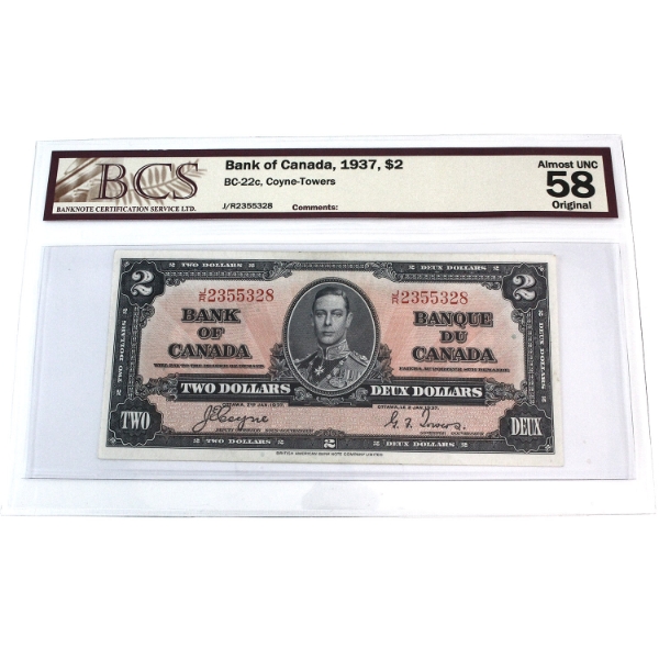 BC-22c 1937 $2 BCS AU58 Original, Coyne-Towers SN: J/R2355328