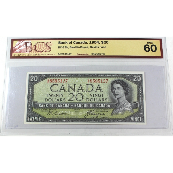 BC-33b 1954 $20 Devil's Face BCS UNC60 Beattie-Coyne Changeover SN: B/E8595127