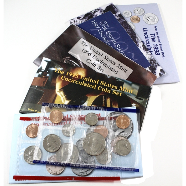 USA 1994-1998 United States Mint Uncirculated Coin Sets with P & D Mint Marks. 5 sets