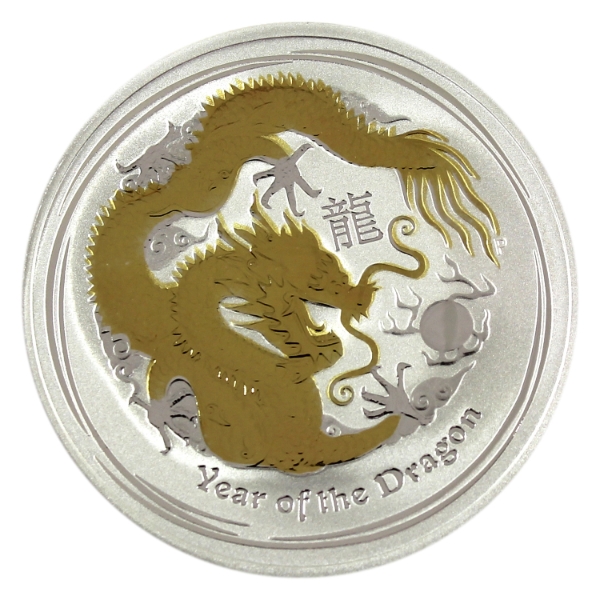 1oz Australia 2012 $1 Year of the Dragon .999 Fine Silver Coin w/ Selective Gold Plating 