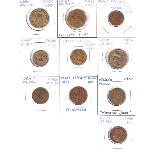 10x Great Britain 1790-1862 Gaming Tokens VF to EF. 10pcs.