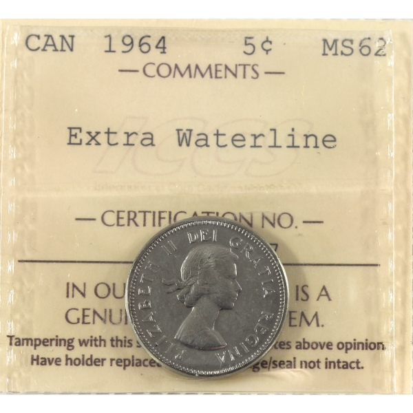 5-cent 1964 Extra Waterline ICCS MS62