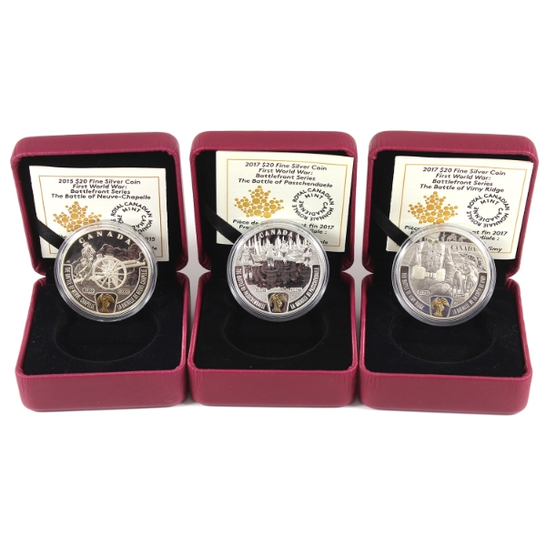 2015-2017 $20 WWI Battlefront Series .9999 Fine Silver Coins. 3pcs. (Tax Exempt)