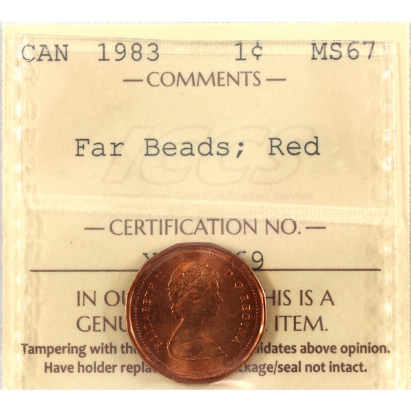1-cent 1983 Far Beads ICCS MS67 Red