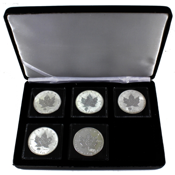 2000-2017 $5 .9999 Fine Silver Maple Leaves w/ Privy Marks in Nobile Quadrum 6-coin Case. 5pcs.