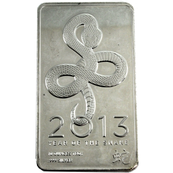 10oz 2013 Year of the Snake .999 Fine Silver Bar (Tax Exempt)