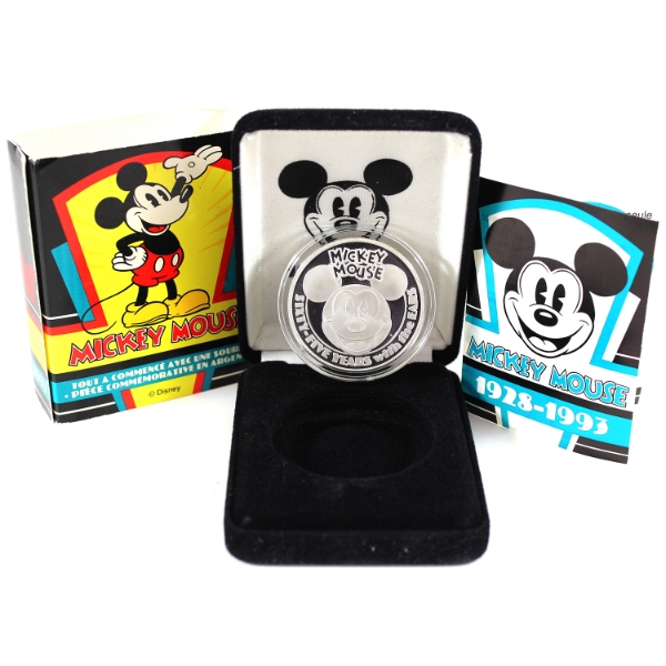 1oz 1993 Mickey Mouse 65 Years with the Ears .999 Fine Silver Round (Tax Exempt)