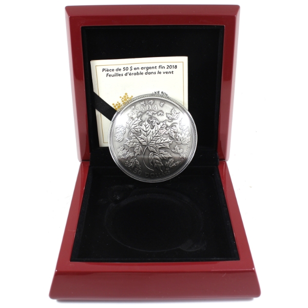 2018 $50 Maple Leaves in Motion 5oz Antiqued Curved .9999 Fine Silver Coin. (Tax Exempt)