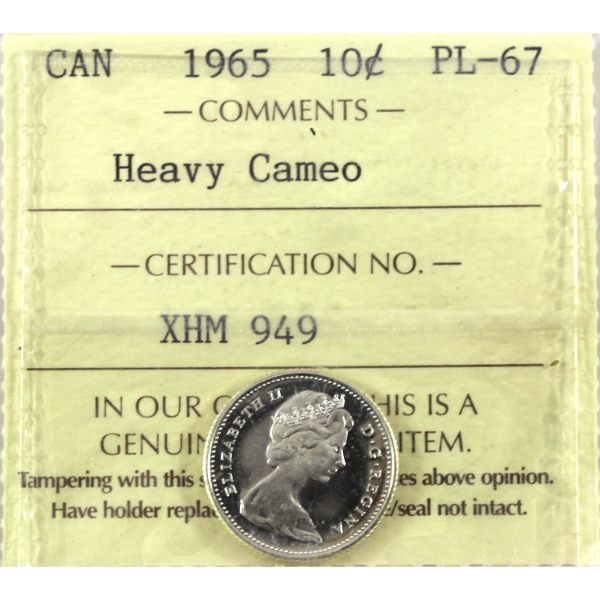 10-cent 1965 ICCS PL67 Heavy Cameo