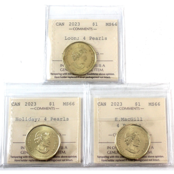 Loon $1 2023 Loon 4 Pearls, Holiday 4 Pearls & E. MacGill 4 Pearls ICCS MS66. 3pcs. 