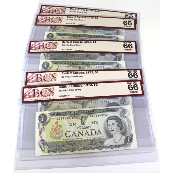 5x BC-46b 1973 $1 Consecutive BCS GEM UNC66 Original Crow-Bouey SN: BCE1140761-"65. 5pcs.