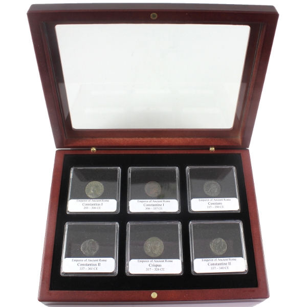Collection of 6 Constantine Dynasty 293-361 CE Ancient Roman Bronze Coins w/ COA in Deluxe Case